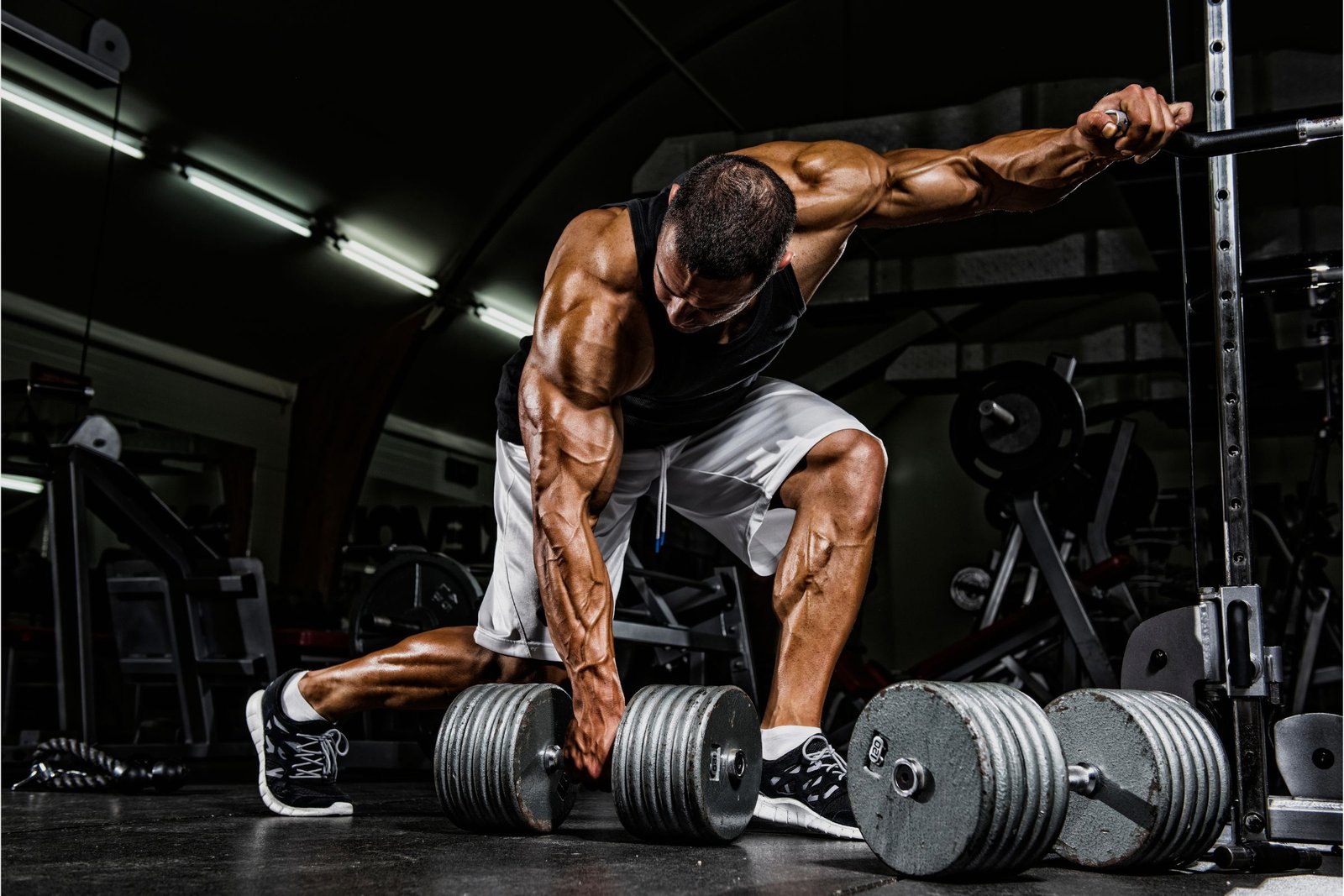 Men training hard at the gym.