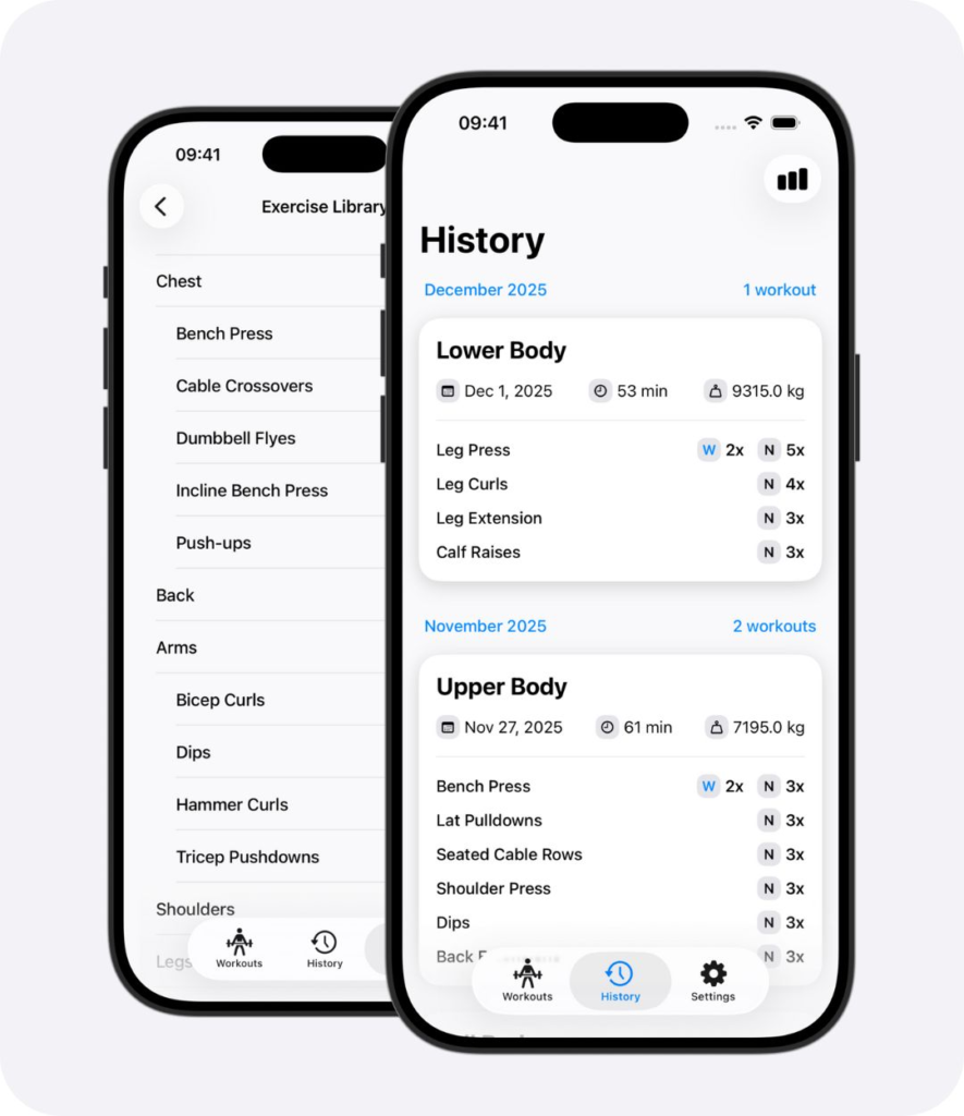 Weights app screenshot of the history screen.