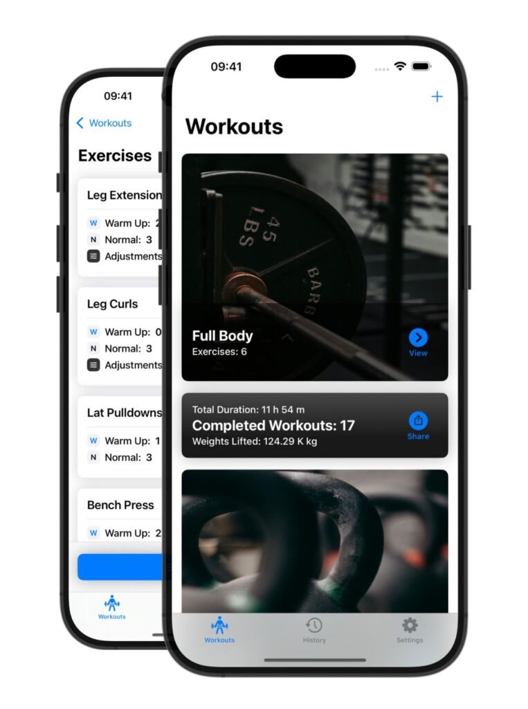 Weights app screenshots in light mode. Weights app shows workout routines.
