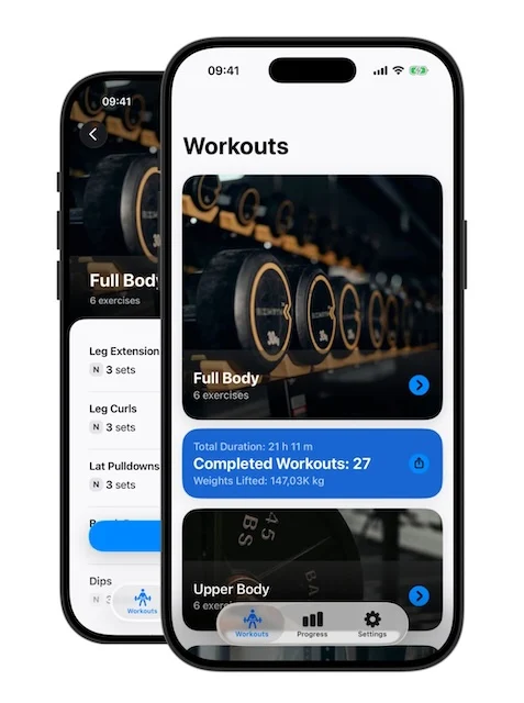 Weights app screenshots in light mode. Weights app shows workout routines. Image with transparent background.