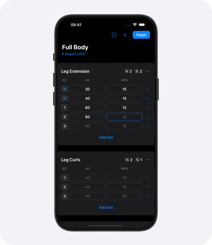 active-workout-dark Weights app active workout example for Full body workout routine. In the dark mode.