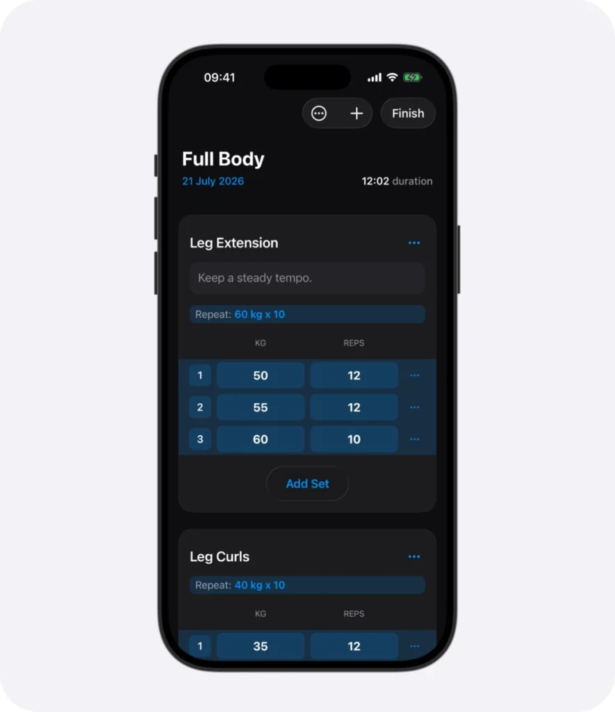 Weights app active workout example for Full body workout routine. In the dark mode.