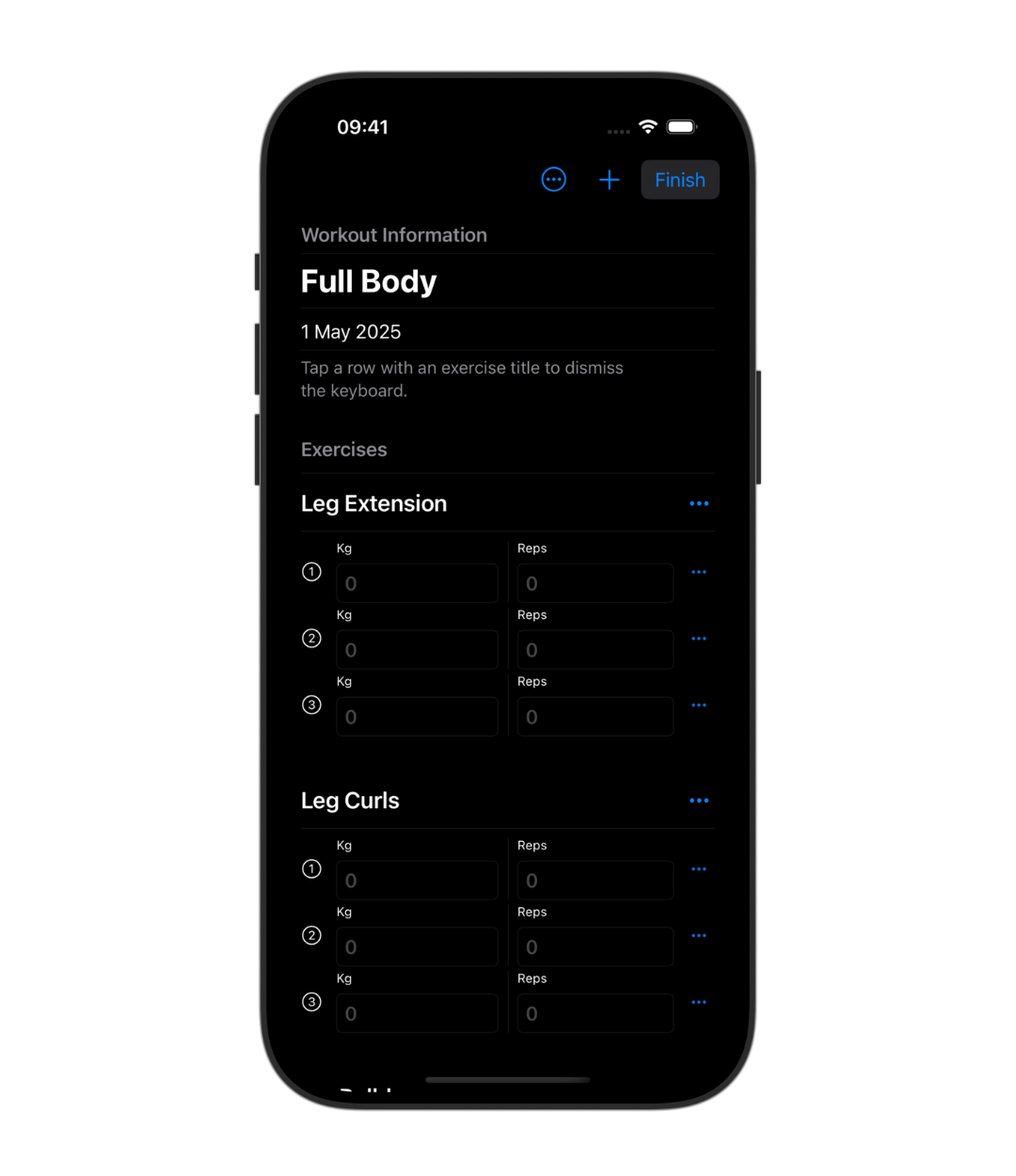 active-workout-dark-no-background Full body routine screen in the Weights workout tracker log app. Dark mode. Active workout.