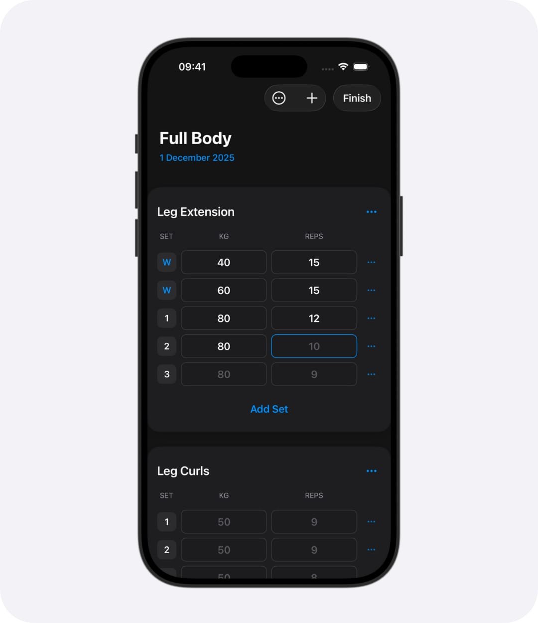 Weights app active workout example for Full body workout routine. In the dark mode.