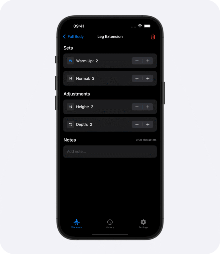 edit-exercise-dark Leg extension exercise settings in the Weights workout tracker log app. Dark mode.