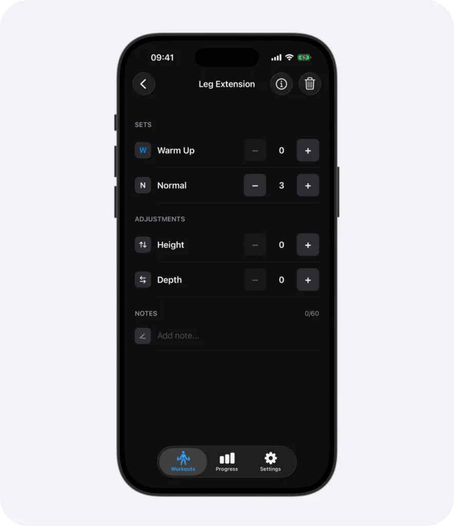 Leg press exercise settings in the Weights workout tracker log app. Dark mode.