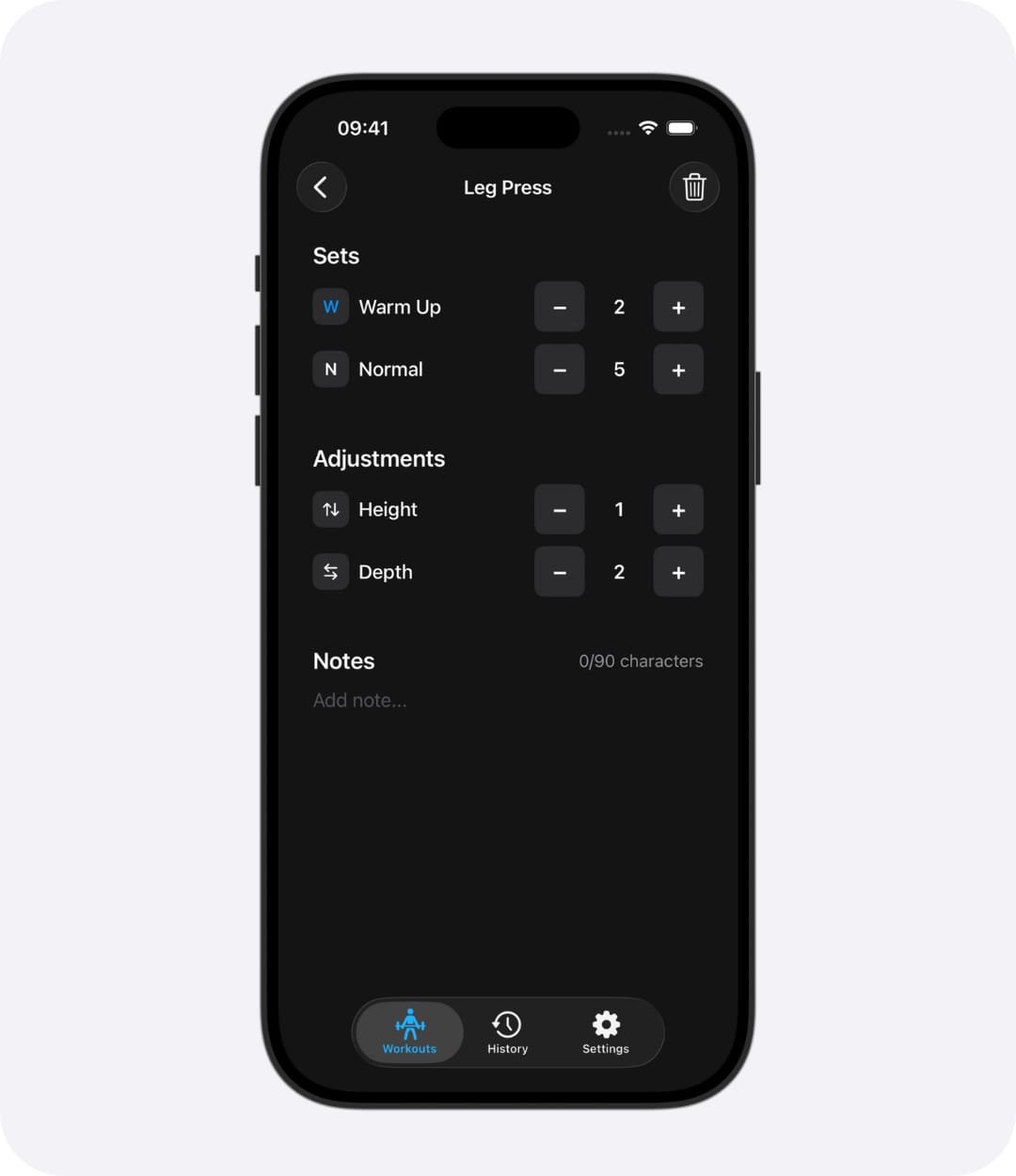 Leg extension exercise settings in the Weights workout tracker log app. Dark mode.