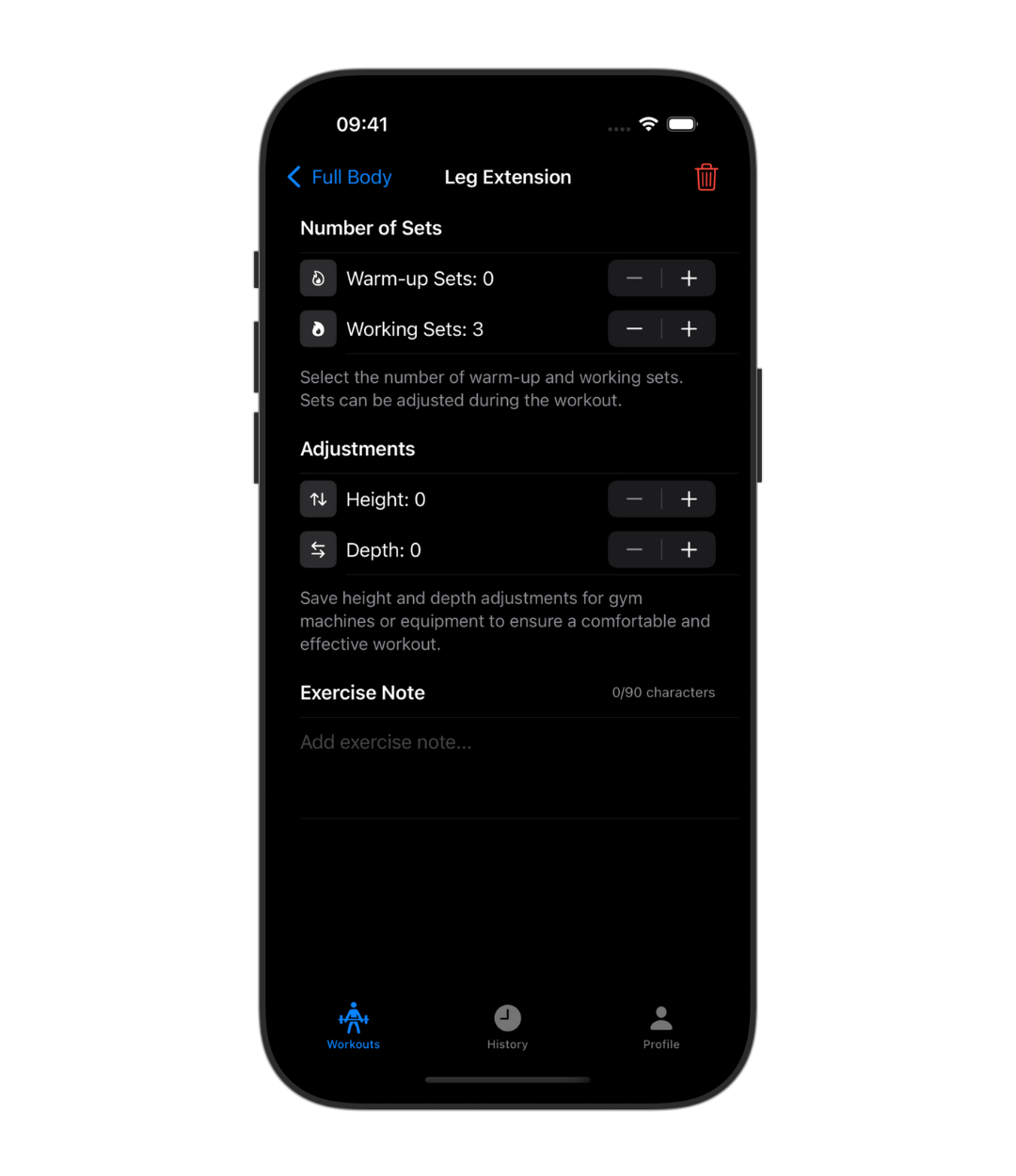 full-body-workout-dark Leg extension exercise settings in the Weights workout tracker log app. Dark mode. Transparent background.