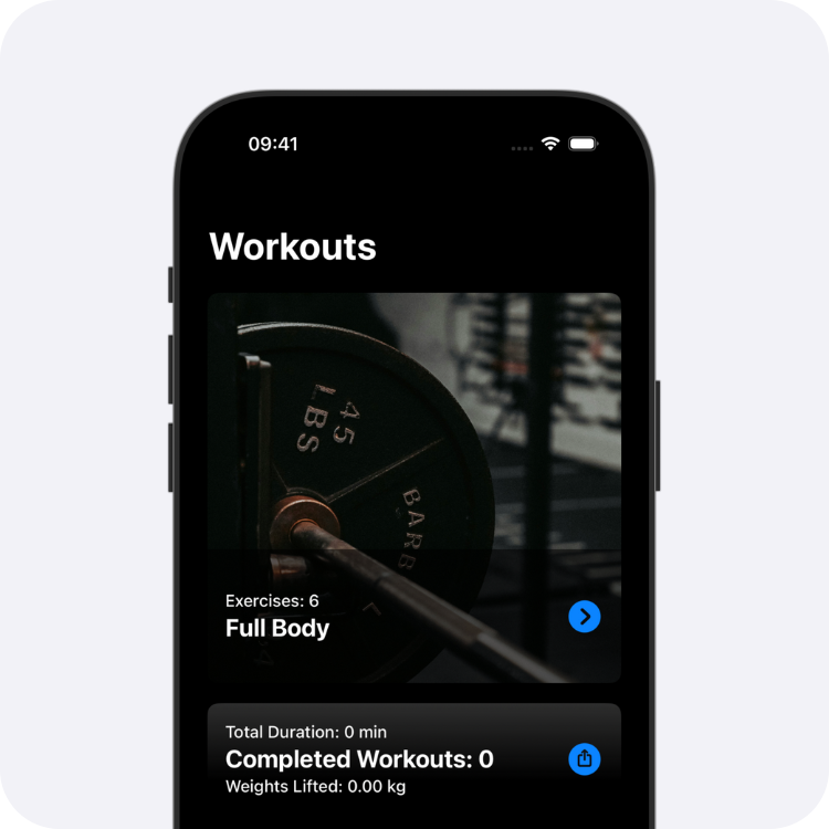 Workout routine of Weights app. Dark mode.