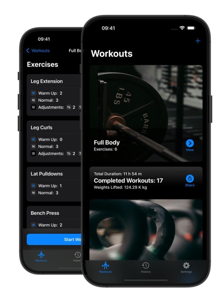 workout-tracker-app-hero-image-dark Weights app screenshots in dark mode. Weights app shows workout routines.