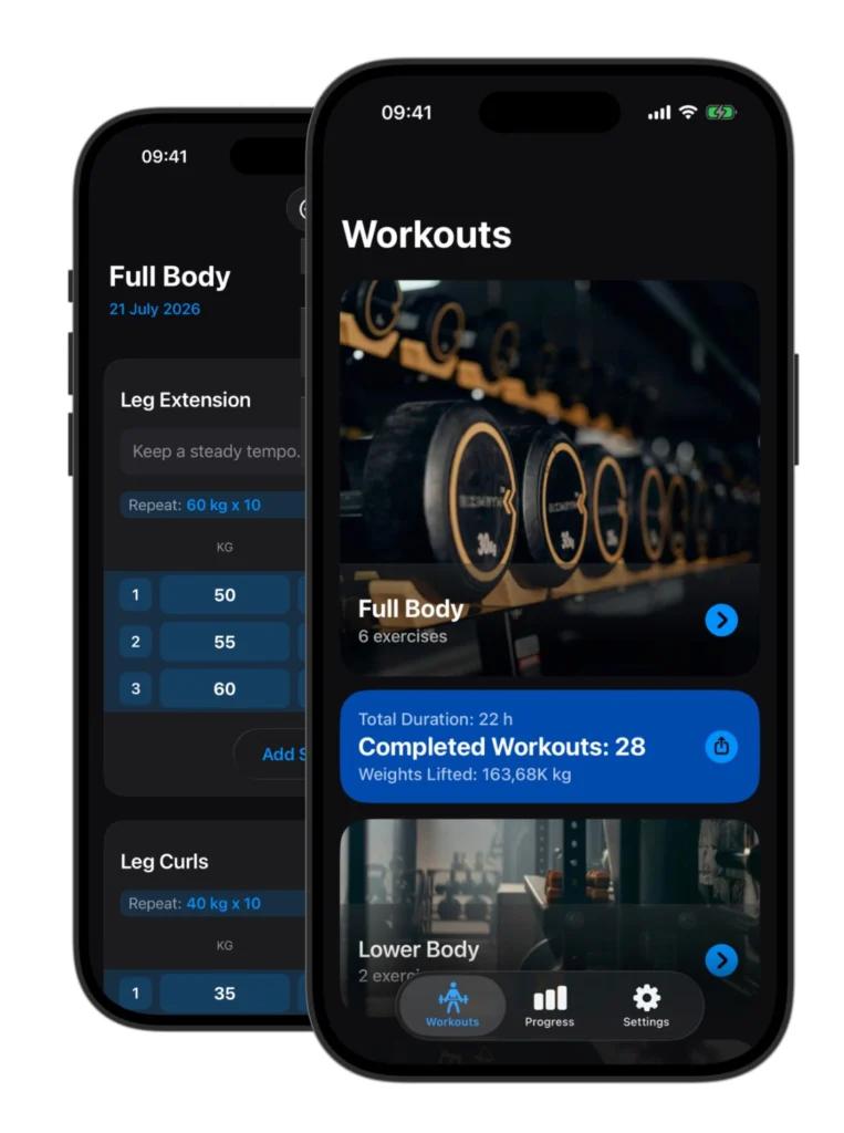 Weights app screenshots in dark mode. Weights app shows workout routines.