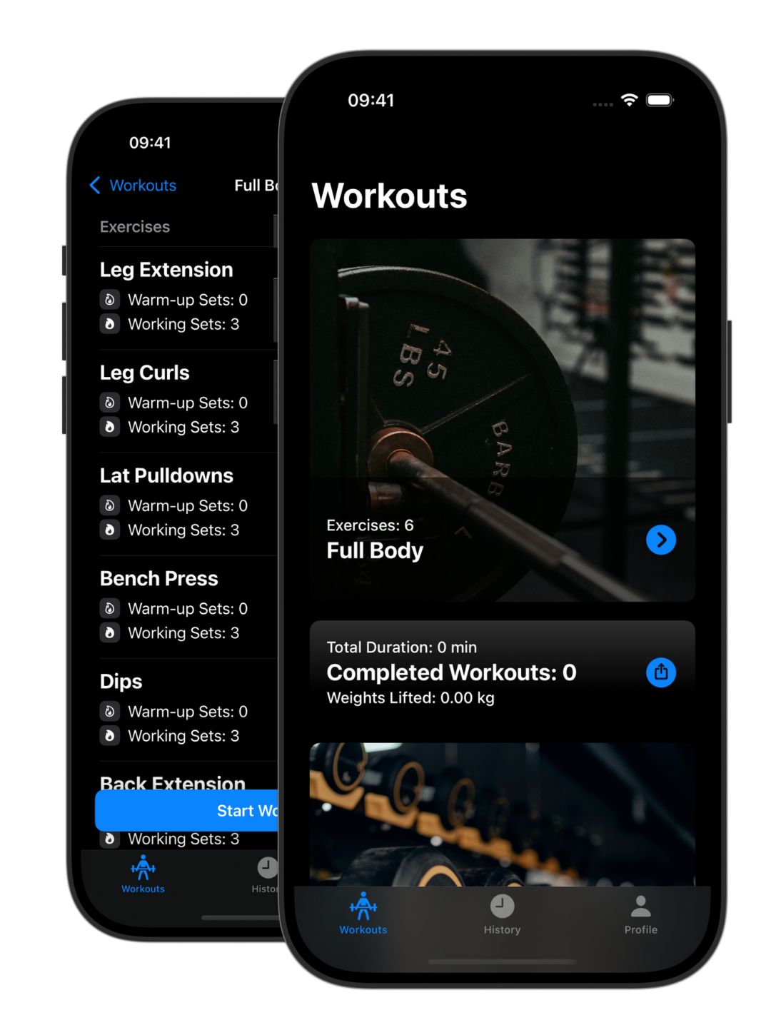 workout-tracker-app-hero-image-dark Weights app screenshots in dark mode. Weights app shows workout routines.