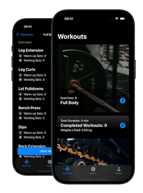 Weights – Website – Hero – 2 Weights app screenshots in dark mode. Weights app shows workout routines. Image with transparent background.