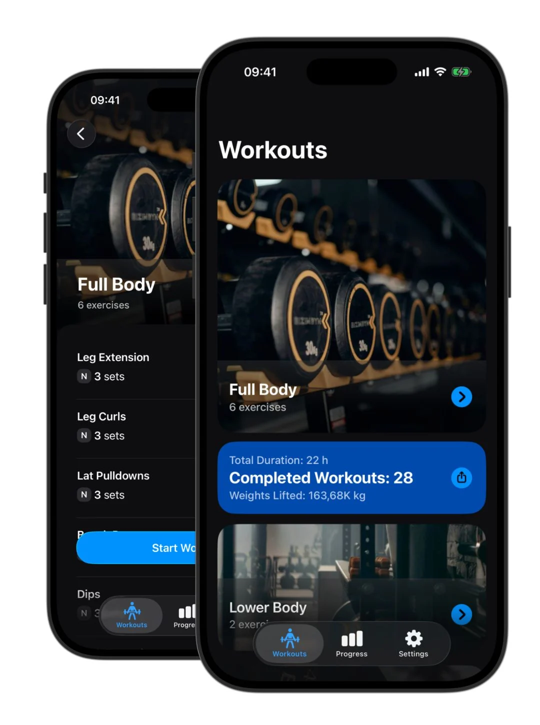 Weights app screenshots in dark mode. Weights app shows workout routines. Image with transparent background.